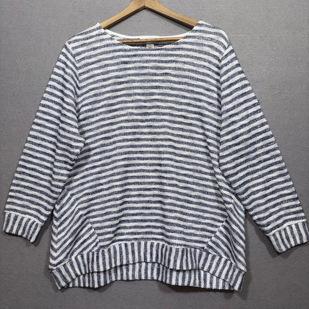 CJ Banks Sweater 1X Plus Navy White Stripe Comfy Cozy Nautical Classic Casual‎